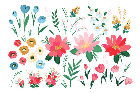 Set of abstract floral design elements. Leaves, flowers, grass, branches Vectorのイラスト素材