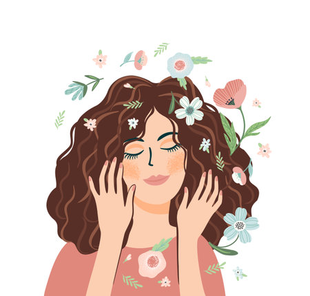 Portrait of cute girl with flowers. Self care, self love, harmony. Isolated illustration.のイラスト素材