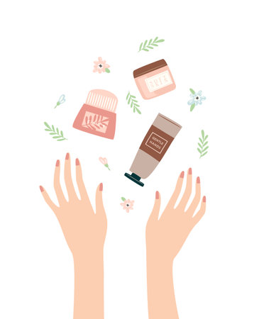 Womens hands and care cream. Self care, self love, harmony. Isolated illustration.のイラスト素材