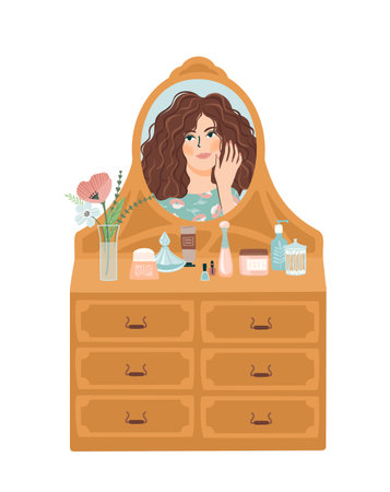 Portrait of cute girl in mirror. Self care, self love, harmony. Isolated illustration.のイラスト素材