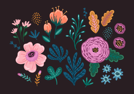 Set of floral design elements. Leaves, flowers, grass, branches Vectorのイラスト素材