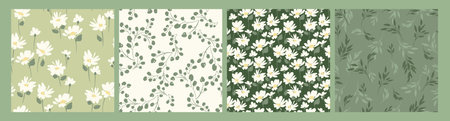 Abstract floral seamless patterns with chamomile. Trendy hand drawn textures. Modern abstract design for,paper, cover, fabric and otheのイラスト素材