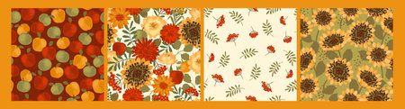 Floral seamless patterns with autumn flowers, leaves and apples. Vector background for various surface.のイラスト素材
