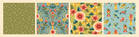 Folk floral seamless patterns with birds. Modern abstract design for paper, cover, fabric, pacing and otherのイラスト素材