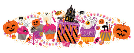 Halloween illustration. Decorated cupcakes, muffins, pastries sweets candies Vector template for banner, card, poster, web and otherのイラスト素材