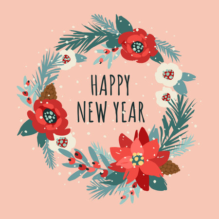 Christmas and Happy New Year illustration with Christmas wreath. Vector designのイラスト素材