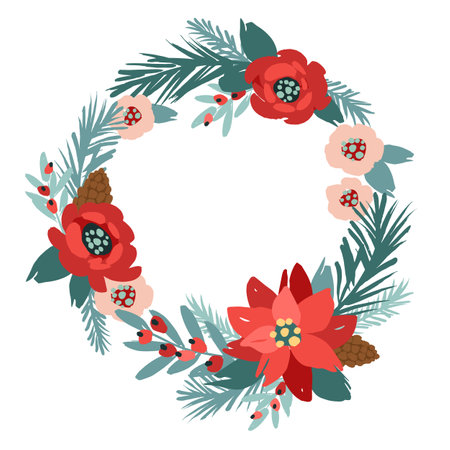 Christmas and Happy New Year illustration with Christmas wreath. Vector isolated designのイラスト素材