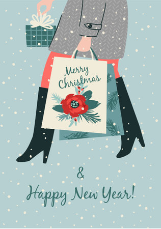 Christmas and Happy New Year isolated illustration. Lady carries gifts. Trendy retro style. Vector design.のイラスト素材