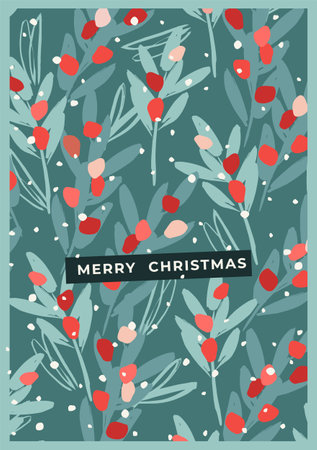Christmas and Happy New Year illustration with with branches, leaves, berries, snowflakes. Trendy retro style. Vector designのイラスト素材