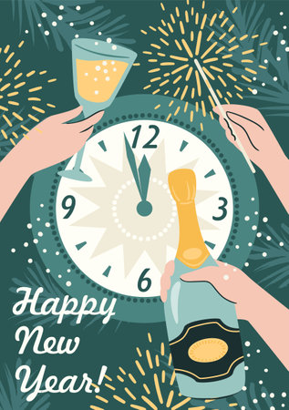 Christmas and Happy New Year illustration of party. Trendy retro style. Vector designのイラスト素材
