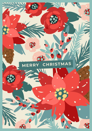 Christmas and Happy New Year card with white Christmas tree and flowers. Trendy retro style. Vector designのイラスト素材