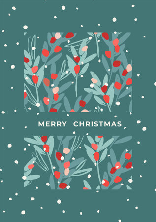 Christmas and Happy New Year illustration with with branches, leaves, berries, snowflakes. Trendy retro style. Vector designのイラスト素材