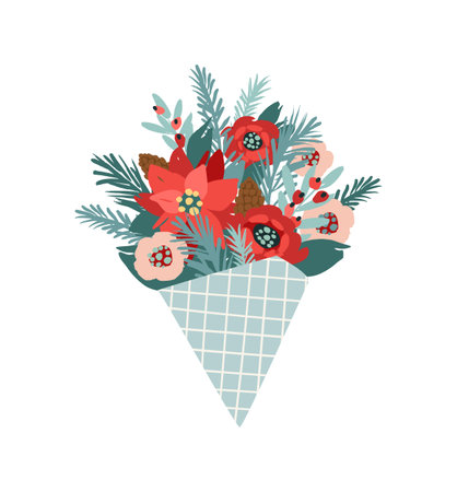 Christmas and Happy New Year isolated illustration with bouquet. Trendy retro style. Vector designのイラスト素材