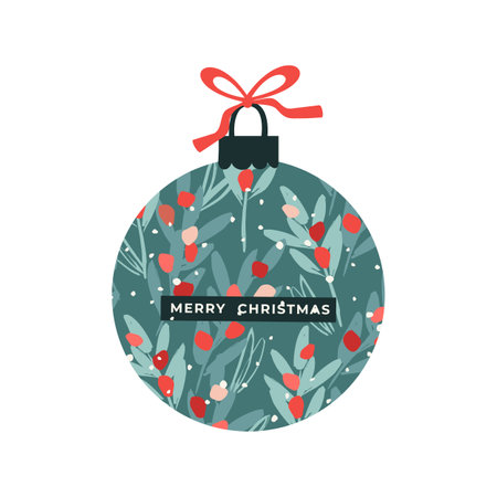 Christmas and Happy New Year ball with flowers. Isolated illustration. Vector designのイラスト素材