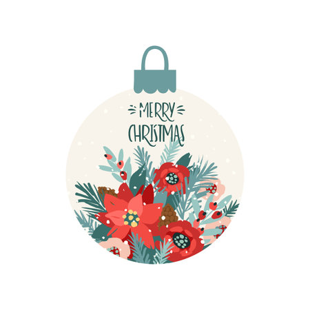 Christmas and Happy New Year ball with flowers. Isolated illustration. Vector designのイラスト素材