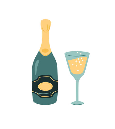 Champagne bottle and glass. Isolated illustration. Vector designのイラスト素材