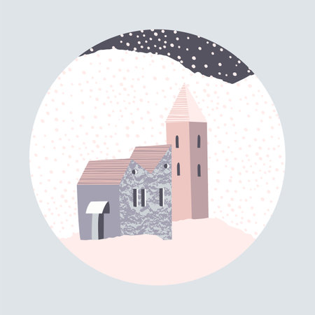 Winter landscape. Snowy houses. Round illustration. Vectorのイラスト素材