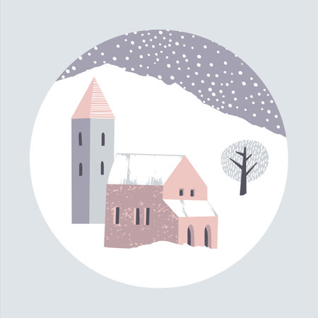 Winter landscape. Snowy houses. Round illustration. Vectorのイラスト素材