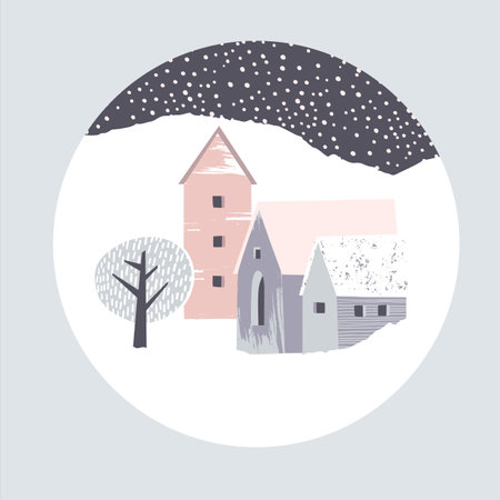 Winter landscape. Snowy houses. Round illustration. Vectorのイラスト素材
