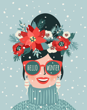 Hello Winter. illustration of young woman. Trendy retro style. Vector designのイラスト素材