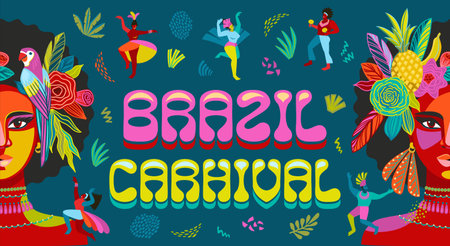 Banner with portrait of woman and people in brazil carnival outfit. Vector abstract illustration. Design for carnival concept and otherのイラスト素材