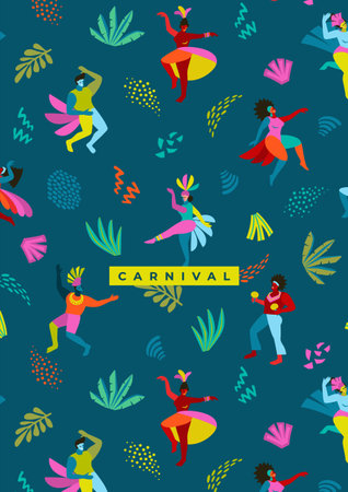 Template with abstract men and women in bright costumes. Brazil carnival. Vector design for carnival concept and otherのイラスト素材