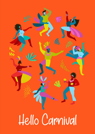 Template with abstract men and women in bright costumes. Brazil carnival. Vector design for carnival concept and otherのイラスト素材