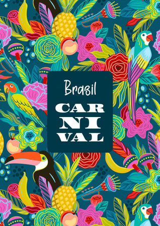 Template with flowers, fruits, birds, musical instruments. Brazil carnival. Vector design for carnival concept and otherのイラスト素材