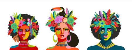 Portrait of people in brazil carnival outfits. Vector isolated illustrations. Design elements for carnival concept and otherのイラスト素材