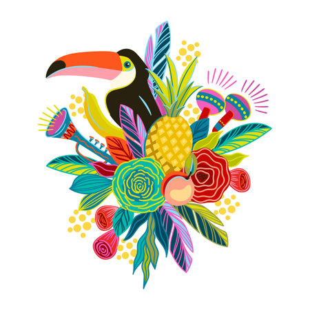 Isolated illustration with flowers and toucan. Brazil carnival. Vector design for carnival concept and otherのイラスト素材