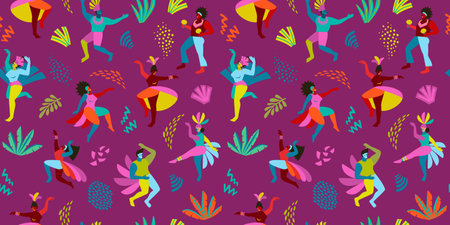 Vector seamless pattern with abstract men and women in bright costumes. Brazil carnival. Design templates for carnival concept and otherのイラスト素材