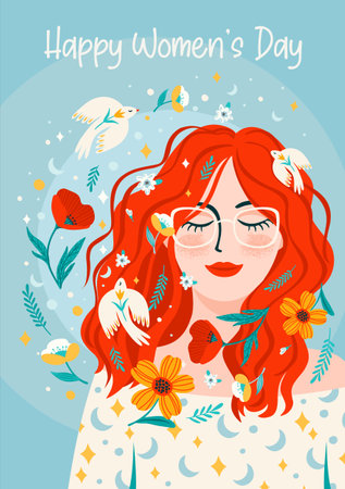 Illustration with woman, flowers and birds. Vector design concept for International Women s Day and otherのイラスト素材
