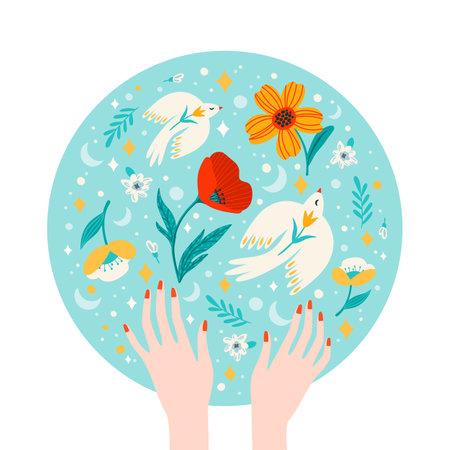 Illustration with female hands, flowers and birds. Vector design concept for International Women s Day and otherのイラスト素材