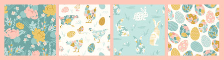 Happy Easter. Vector seamless patterns with abstract chickens, rabbits, eggs and flowers. Vector templatesのイラスト素材