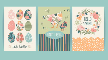 Set of Easter cards. Vector design templates in vintage pastel colors.のイラスト素材