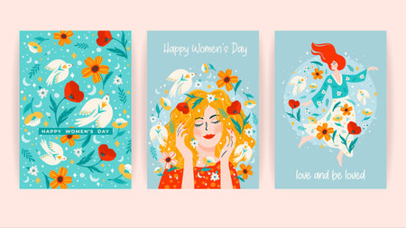 Set of cards with women, flowers and birds. Vector design concept for International Women s Day and otherのイラスト素材