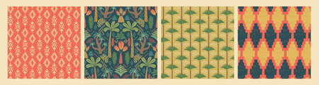 Ethnic tropical seamless patterns with palms and geometric elements. Modern abstract design for paper, cover, fabric, interior decor and otherのイラスト素材
