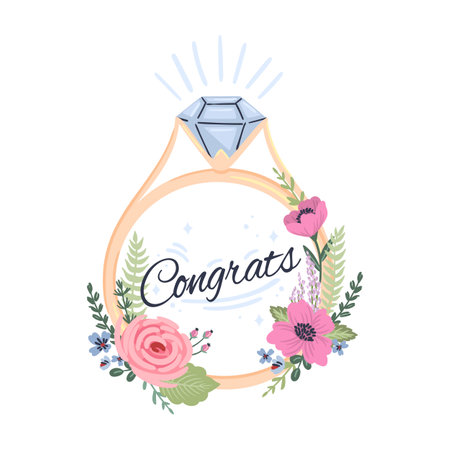 Wedding ring decorated with flowers. Vector isolated illustration. Design element for wedding concept and otherのイラスト素材