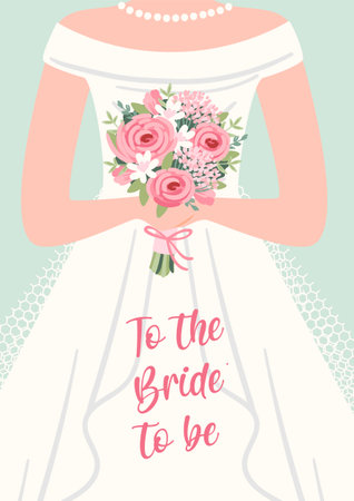 Illustration of cute bride with bouquet of flowers. Vector card for wedding concept and otherのイラスト素材