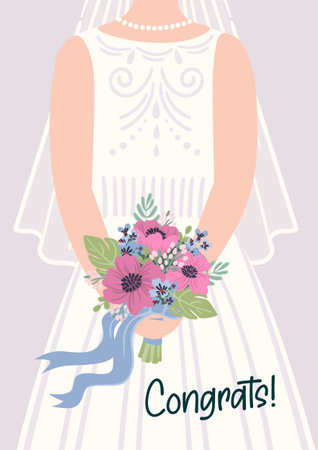 Illustration of cute bride with bouquet of flowers. Vector card for wedding concept and otherのイラスト素材