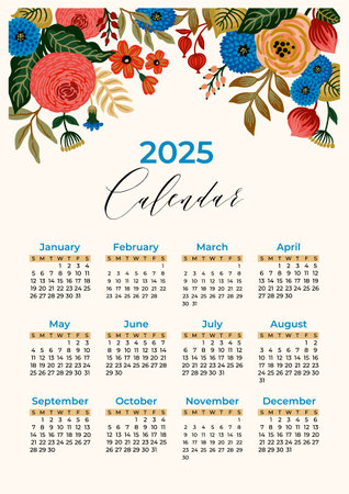 2025 calendar with floral illustration. Vector templateのイラスト素材