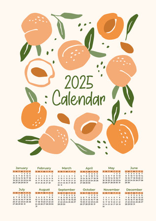 2025 calendar with abstract peaches. Modern illustration. Vector templateのイラスト素材