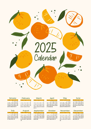 2025 calendar with abstract mandarins. Modern illustration. Vector templateのイラスト素材