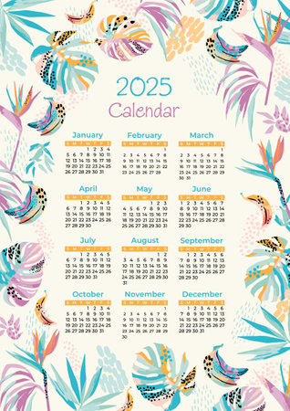 2025 calendar with floral tropical illustration. Vector templateのイラスト素材