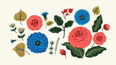 Set of floral design elements. Leaves, flowers, grass branches berries. Vectorのイラスト素材