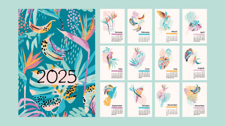 2025 calendar with abstract parrots and plants. Artistic illustrations. Vector templateのイラスト素材