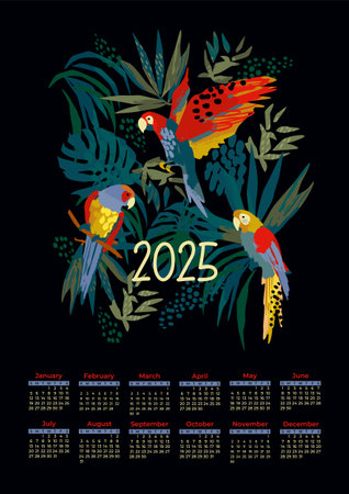 2025 calendar with parrots in the jungle. Artistic illustration in. Vector designのイラスト素材