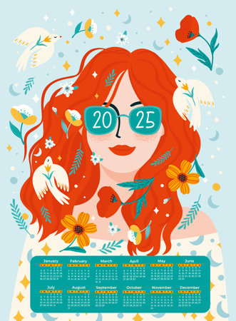 2025 calendar with portrait of girl with birds and flowers. Artistic illustration in. Vector templateのイラスト素材