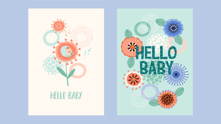 Baby birthday cards. Cute illustrations with funny abstract flowers. Vector templatesのイラスト素材
