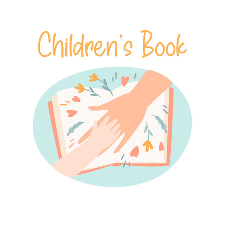 Illustration of child and adult hands on background of book. Vector concept of books for children.のイラスト素材